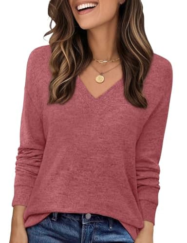 JUSTFASHIONNOW Shirts for Women V Neck Long Sleeve Tunic Tops Business Casual Blouses Ladies Plus Size T Shirts Lightweight Dressy Sweaters Winter Tops (Red,Large)