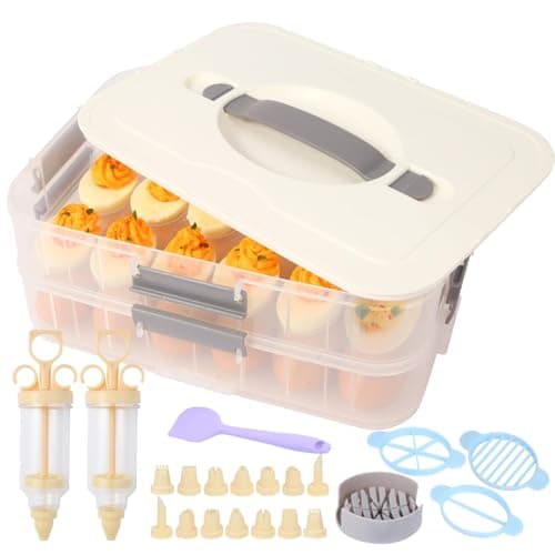2-Layer Deviled Egg Containers With Lid,36pcs Easter Deviled Egg Tray Carrier with Handl Injector Piping Tool,Portable Stackable Egg Holder Platter Holder Organizer for Refrigerator Party Picnic Event
