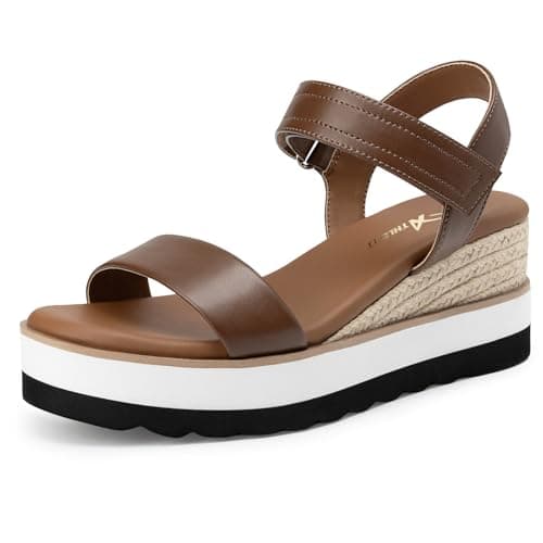 Athlefit Espadrille Wedge Sandals for Women, Open Toe Ankle Strap Low Wedge Heel Platform Sandals for Summer, Brown Size 6, SAPS2617W