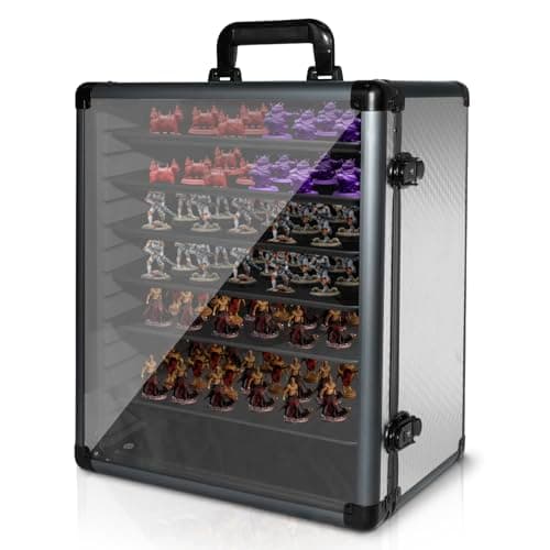 ORKELS Large Aluminum Miniatures Storage Case with 6 Metal Tray, Clear Display Transport Case with Lock, Aluminum Alloy Frame Organizer for Mini Action Figures, Collectibles