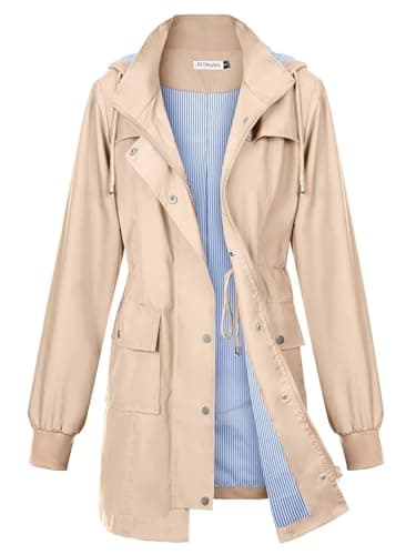 PITINAN Rain Coats for Womens Lightweight Rain Jackets Women with Striped Lined Waterproof Jackets For Women for Rainy Days Khaki S