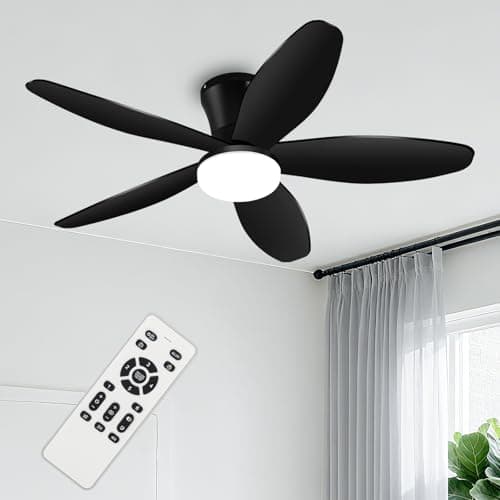 Yoedivu Ceiling Fans with Lights - 42 Inch Low Profile Flush Ceiling Fan with Light and Remote Control, Flush Mount, 6-Speed, 3CCT, Noiseless,Timer, Black Ceiling Fans for Bedroom Indoor/Outdoor Use — image 1