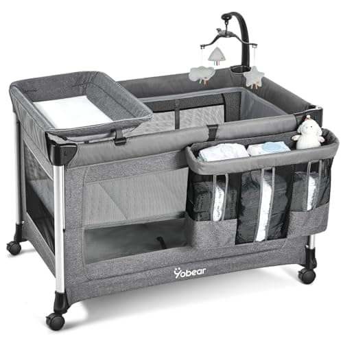 4-in-1 Baby Bassinet with Mattress - One-Push Setup Playard - Bedside Crib with Diaper Changer from Newborn to Toddler (Grey)