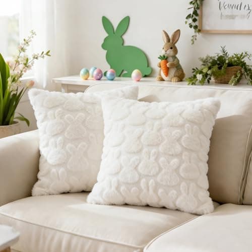 KIDHABE Easter Pillow Covers 18x18 inch, Set of 2 Soft Faux Fur Cream White Rabbit Throw Pillowcases for Bedroom Sofa Couch Living Room Spring Happy Easter Decorations
