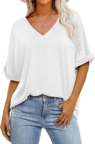 GKBK Womens Oversized T Shirts V Neck Loose Fit Shirts Short Sleeve Summer Casual Tops 2025 Trendy Blouses Y2K Plain Tees White M