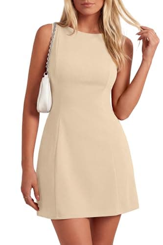 Okiwam Womens Summer Dresses Sleeveless Boat Neck A Line Mini Dress Elegant Business Cocktail Party 2026 Spring Clothes-M Beige