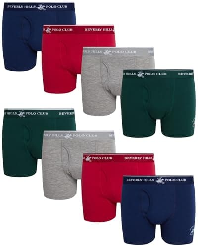 Beverly Hills Polo Club Boys Boxer Briefs - 8 Pack Cotton Breathable Boys Underwear with Fly and Contoured Pouch, Size 8-10, Green/Heather Grey/Red/Blue