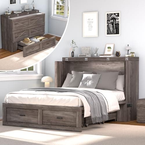 janiry Full Size Murphy Bed with Charging Station,Murphy Bed Cabinets with Foldable Panel for Small Spaces or Bedroom,Office,Grey