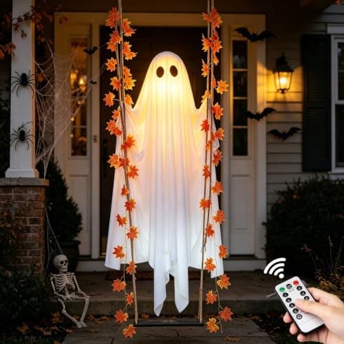 Swinging Ghost Outdoor Decor,4.4FT Halloween Decorations Outdoor Indoor with Ghost on A Swing for Outside Garden Yard Porch Tree,Hanging Large Spooky Cute Ghosts with String Lights for Party — image 1