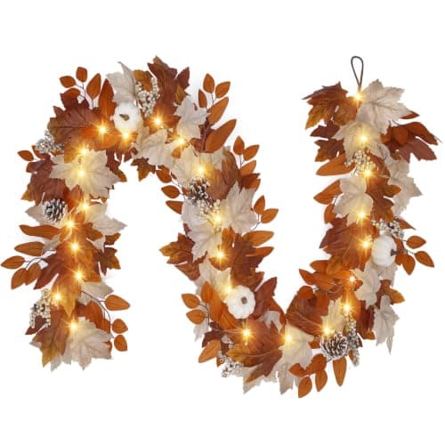 6 Ft Fall Garland with Lights & Timer, Thanksgiving Fireplace Mantel Decor | 30 Warm LED Lights, 6H Timer, Maple Leaves, Pumpkin, Berries and Pine Cones, Fireplace, Lighted Porch Table Autumn Decor — image 1