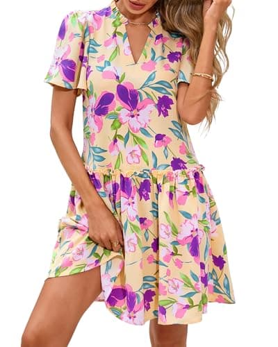 BTFBM Women Summer Dresses 2025 Short Sleeve V Neck Tiered Ruffle Boho Swing Dress A-Line Floral Mini Dresses(Floral Yellow Multicolored,X-Large)