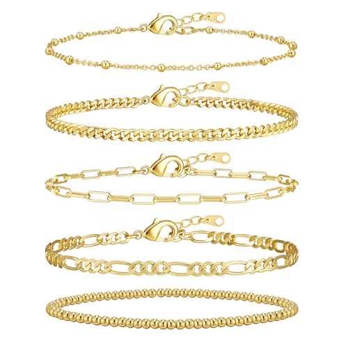 adoyi Gold Bracelets for Women, 14K Gold Plated Stackable Bracelet Stack Set Adjustable Charm Paperclip Chain Cuban Link Layered Waterproof Jewelry Sets Gifts for Womens 6.8 Inch