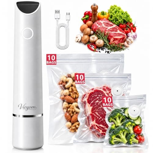 Vieyorn 60kPa Compact Food Vacuum Sealer Kit with 30 Reusable Bags-10S/M/L | WHITE Minimalist 60kPa Precision 8X Freshness USB Rechargeable Detachable Water Tank Portable for Meal Prep, Food Storage — image 1