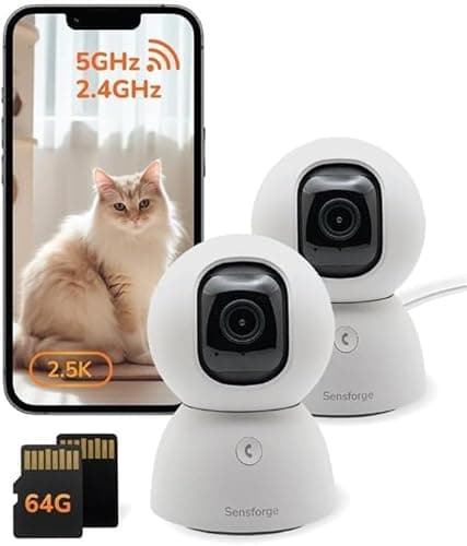 SensForge 2.5K Indoor Pan-Tilt Dome Security Camera, 360° Coverage, AI Human & Pet Detection, Two-Way Talk, Dual-Band Wi-Fi (2.4G/5G), 64GB SD Card, Free Basic Plan, Optional Subscription (2, White)