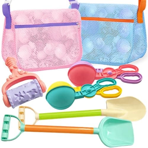 2pcs Snowball Maker for Kids and Detachable Beach Shovels, Rolling Sand Mold,2pcs Seashell Collecting Bags with Adjustable Shoulder Straps, Travel Sand Toys & Sandbox Toys for Toddlers Age 2-15, Gifts