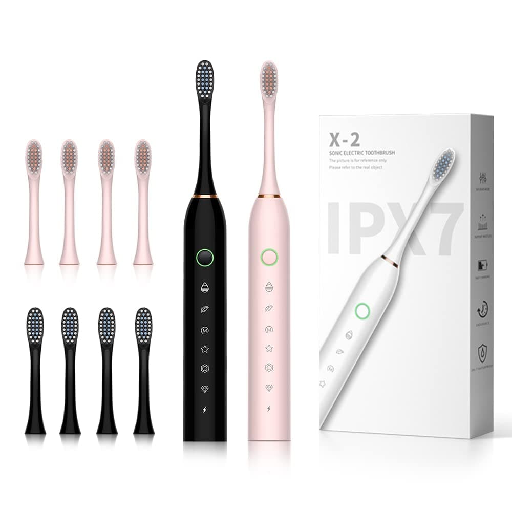 SUNPRO 2 Pack Sonic Electric Toothbrush, Rechargeable Brush 6 Clean Modes for Adults, 8 Heads (Black+Pink)