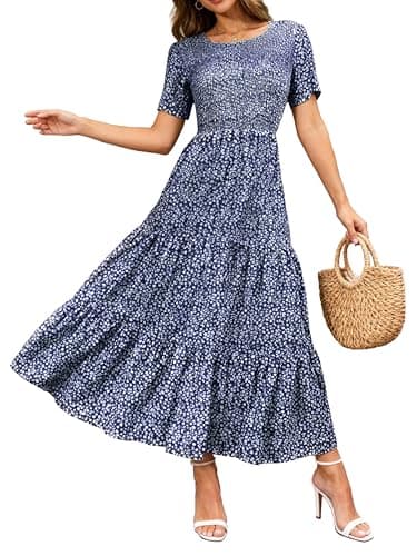 BTFBM Women Casual Short Sleeve Crew Neck Summer Dress Bohemian Floral Printed Flowy Maxi Dresses Tiered Cocktail Dress (Dark Blue, Medium)