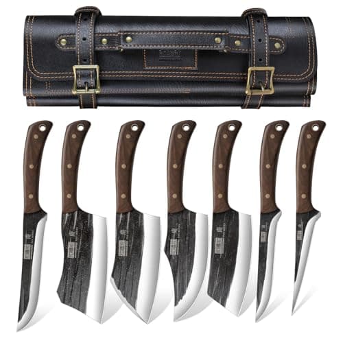HOSHANHO Butcher Knife Set, Sharp Kitchen Knife Set & Roll Bag Gift for Men | Hand Forged 8PCS Butcher Chef Knife Set with Meat Cleaver Knife & Bone Chopper Knives & Fillet Knives for Home, Camping, BBQ — image 1