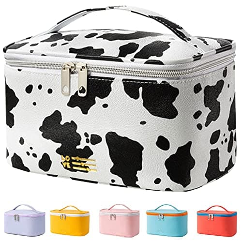 KITENROM Makeup Bag Portable Travel Cosmetic Bag with Brush Holder,Waterproof Make Up Bag For Women with Handle Print Cow