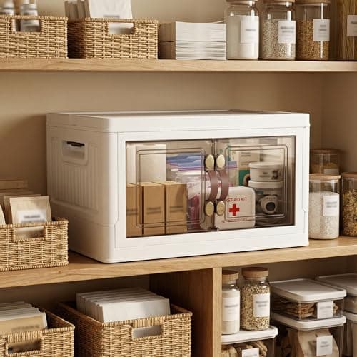 MOONEDGE 35QT Plastic Stackable Storage Bins with Lids, Collapsible Organizer with Magnetic Doors & Hidden Locking Handles, Storage Cabinet for Pet, Closet, Living Room, Pantry & Office Organization