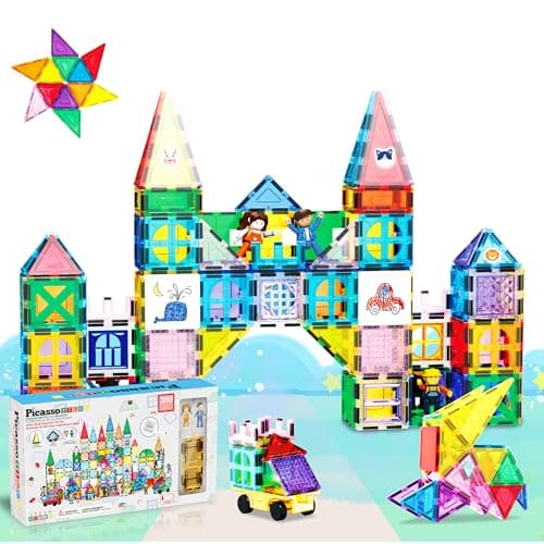 PicassoTiles Mega Magnetic Building Block 350 Piece Set Magnet Tile Construction Blocks with Car Base, Character Figures, Markers, Whiteboard, 110+ Page Ideabook Included for Ages 3 Up STEM Learning