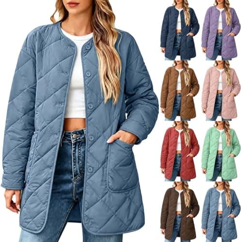 Quilted Jackets for Women Warm Mid Length Lightweight Puffer Coats | Casual Long Sleeve Button down Diamond Puffer Jacket Coats Fashion Fall Winter Padded Outerwear with Pockets — image 1