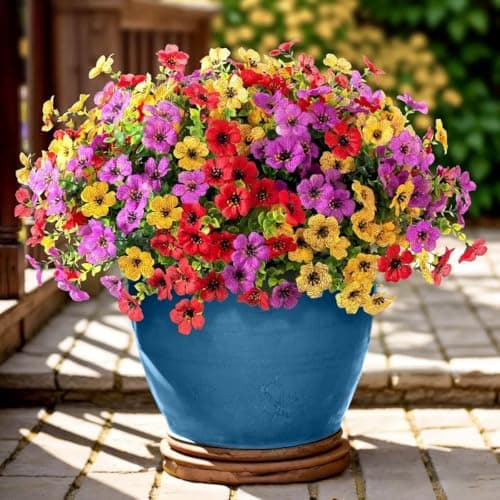 Powbrace Artificial Flowers Outdoor Fake Plants, Faux Silk Flowers Plastic Plants for Outdoors Indoor Outside Front Porch Hanging Planter Window Box Garden Home Spring Decoration, 14 Pack (Mix)