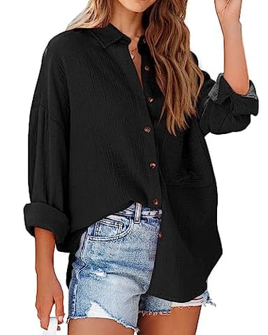 NOLLSOM Casual Shirts for Women Long Sleeve Button Down Blouses Fall 2025 Solid Color Trendy Tops with Pocket(Black,Medium)