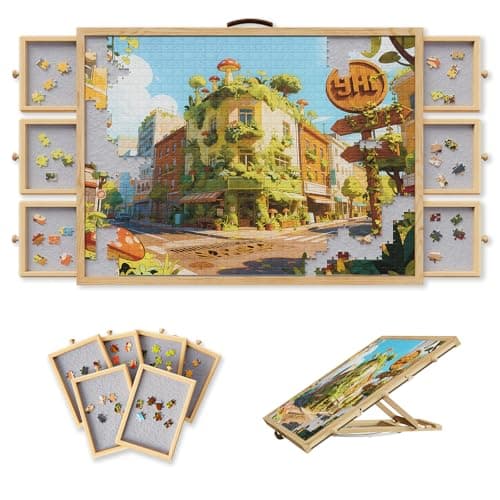 Opprut 1500-Piece Rotating Puzzle Board with Drawers and Cover, Puzzle Tables for Adults, Portable Jigsaw Wood Table with 6 Storage Drawers, Non Slip Felt and Handle, Ideal Gift(35.1"x26")