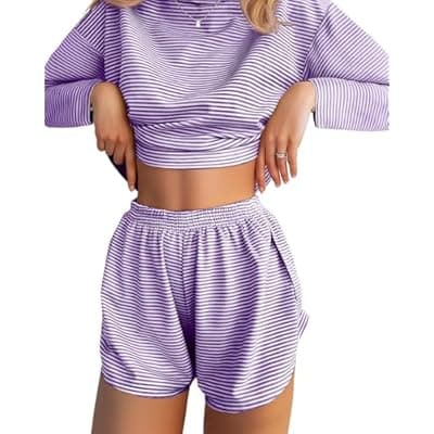 JUSTFASHIONNOW Womens Pajama Sets Striped Two Piece Lounge Sets Long Sleeve Top and Split Shorts Print Sleepwear Comfy Pjs