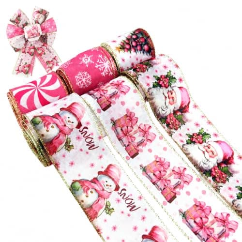 Pink Christmas Wired Edge Ribbon, 2.5 Inch 30 Yards, Santa Snowman Snowflake Patterns, Polyester, 6 Rolls for Wrapping, Bows, Wreaths (Pink&White) — image 1