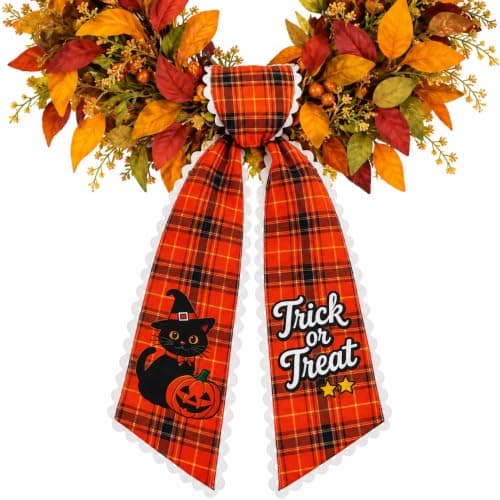 Wreath Sash for Front Door, 5" x 55" Halloween Bow Sash Plaid Ribbon — image 1