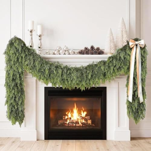 9Ft Christmas Cedar Garland, Real Touch Soft Greenery Christmas Decorations, Realistic Thick Full Lush Artificial Garland, Fireplace Mantel Staircase Railing Front Door Porch Window Indoor Home Decor — image 1