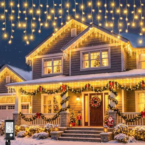 33FT 400 LED Icicle Lights for Outside, Warm White Christmas Lights Outdoor | 8 Modes Waterproof Connectable Twinkle String Lights Indoor with 75 Drops for House Eaves Yard Xmas Holiday Decorations — image 1
