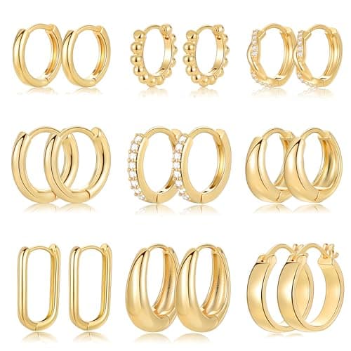 9 Pairs Small Gold/Silver Hoop Huggie Earrings Set for Women, 14K Gold Plated Chunky Hoop Small Earring Hypoallergenic Thick Open Lightweight Chunky Hoop Earrings Jewelry for Gifts