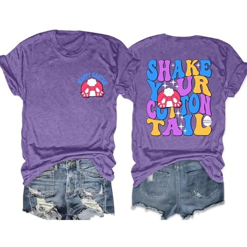 tiorhooe Women Happy Easter Shirts Easter Bunny Shirt Shake Your Cotton Tail T-Shirt Easter Gift Tops Cute(Purple,Medium)