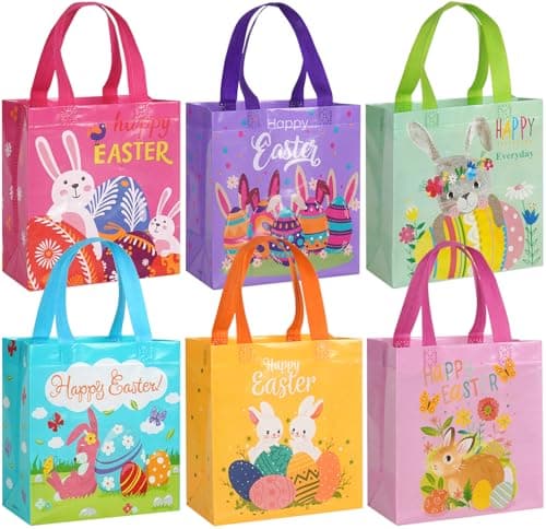 SEVSOASEVK 6Pcs Easter Gift Bags with Handles Non-Woven Easter Bags for Kids Egg Hunt Party Favors Supplies Treat Bags Rabbit Bunny Reusable Easter Goodie Bags-Waterproof, 9.0×8.6×4.3 inch (Color-01)