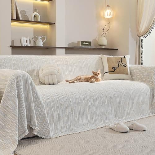 ComiComi Washable Couch Covers for Sofa Soft White Boho Chenille Sofa Covers for 2 Cushion Sectional L Shaped Pet-Friendly Couch Cover Blanket Crinkled Anti Scratch with Tassles 71" x 118"
