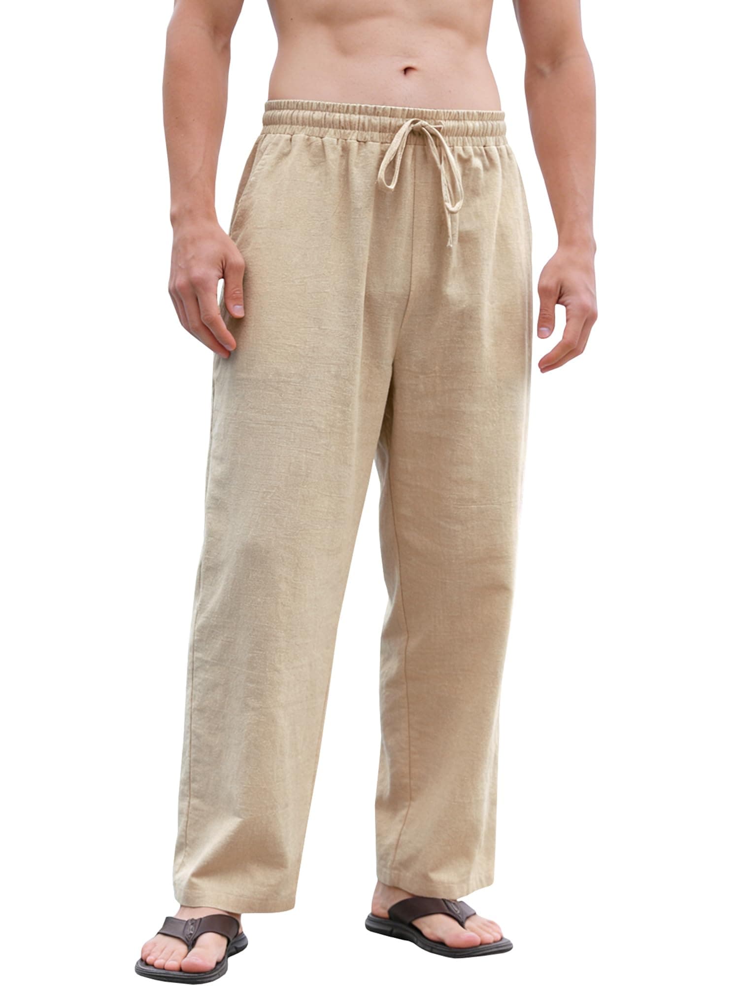 Men's Cotton Linen Pants Elastic Drawstring Lightweight Trousers