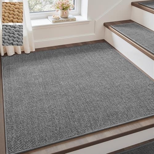 PADOOR Tufted Stair Landing Rug Non Slip Indoor, Peel and Stick Stair Treads for Wooden Steps, Square Stair Landing Mat Washable, Soft Carpet Stair Treads Reusable for Kids Pets Elders, 31"x31" Grey