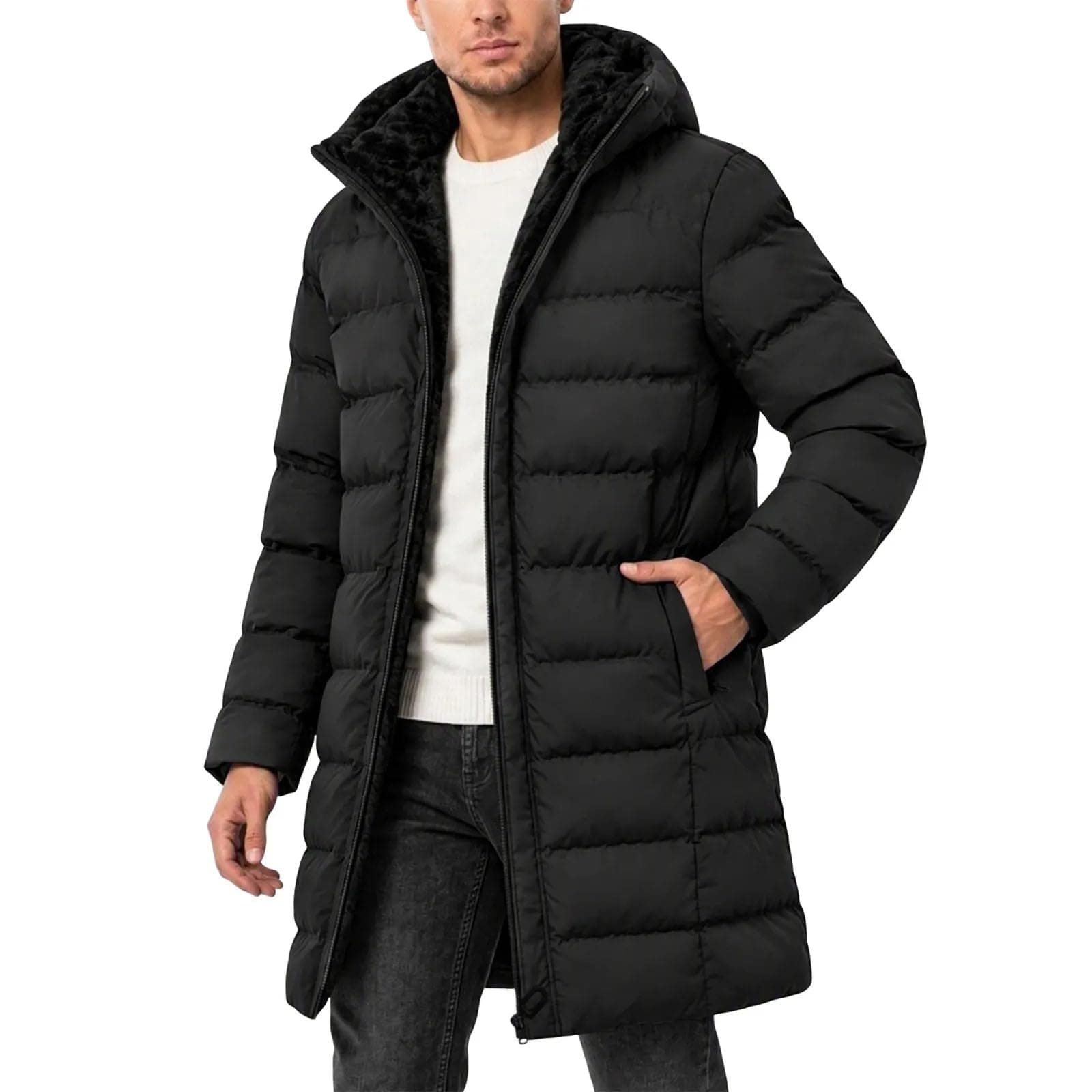 Men's Long Winter Coat Warm Fleece Lined Quilted Parka Jacket