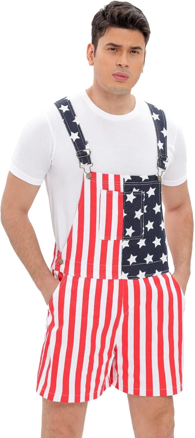WIDEPAMY American Flag Overalls Denim Rompers