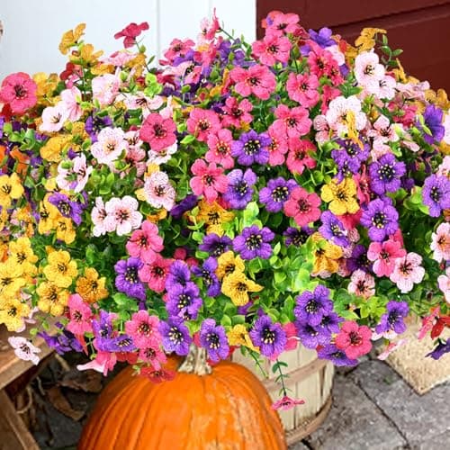 trytuny Artificial Flowers for Outdoor, UV Resistant Fake Silk Flowers, Realistic Faux Plants for Outside Indoor Porch Patio Window Box Planter Home Decor (14, Yellow Purple Rosy Pink)