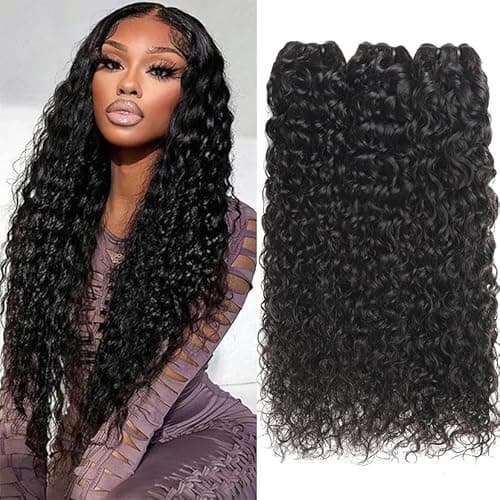 Human Hair Bundles Water Wave 20 22 24 Inch Water Wave Bundles Human Hair 100% Unprocessed Deep Wave Curly Bundles Human Hair Wet and Wavy Human Bundles for Black Women Natural Black Color