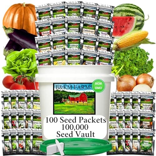 B&KM Farms 100,000+ Heirloom Survival Seed Kit | 50+ Non-GMO Vegetable & Fruit Varieties | 100 Seed Packets | 5-15 Year Food Storage | Weatherproof Bucket for A Sustainable, Self-Sufficient Garden