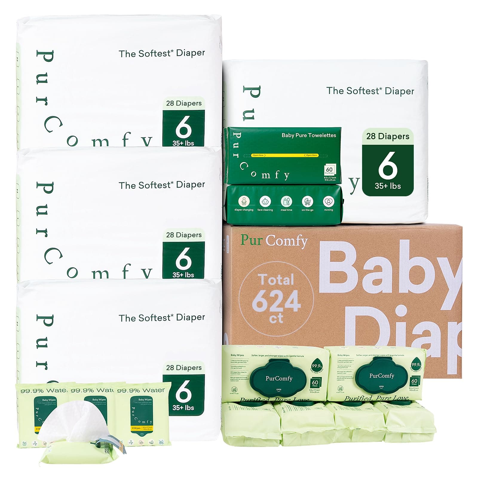 PurComfy Baby Diapers Essential Kit, 4 Pack Size 6 Diapers (112 Ct), 6 Baby Wipes (360Ct), 4 Travel Pack Wipes (32Ct) and 2 Dry Wipes (120Ct), All in One Newborn Essentials Kit, Total 624 Count