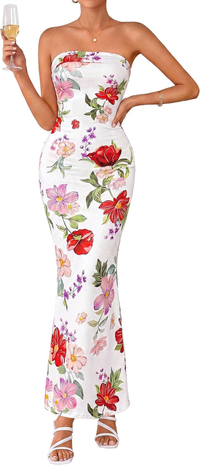 PRETTYGARDEN Strapless Floral Maxi Dress