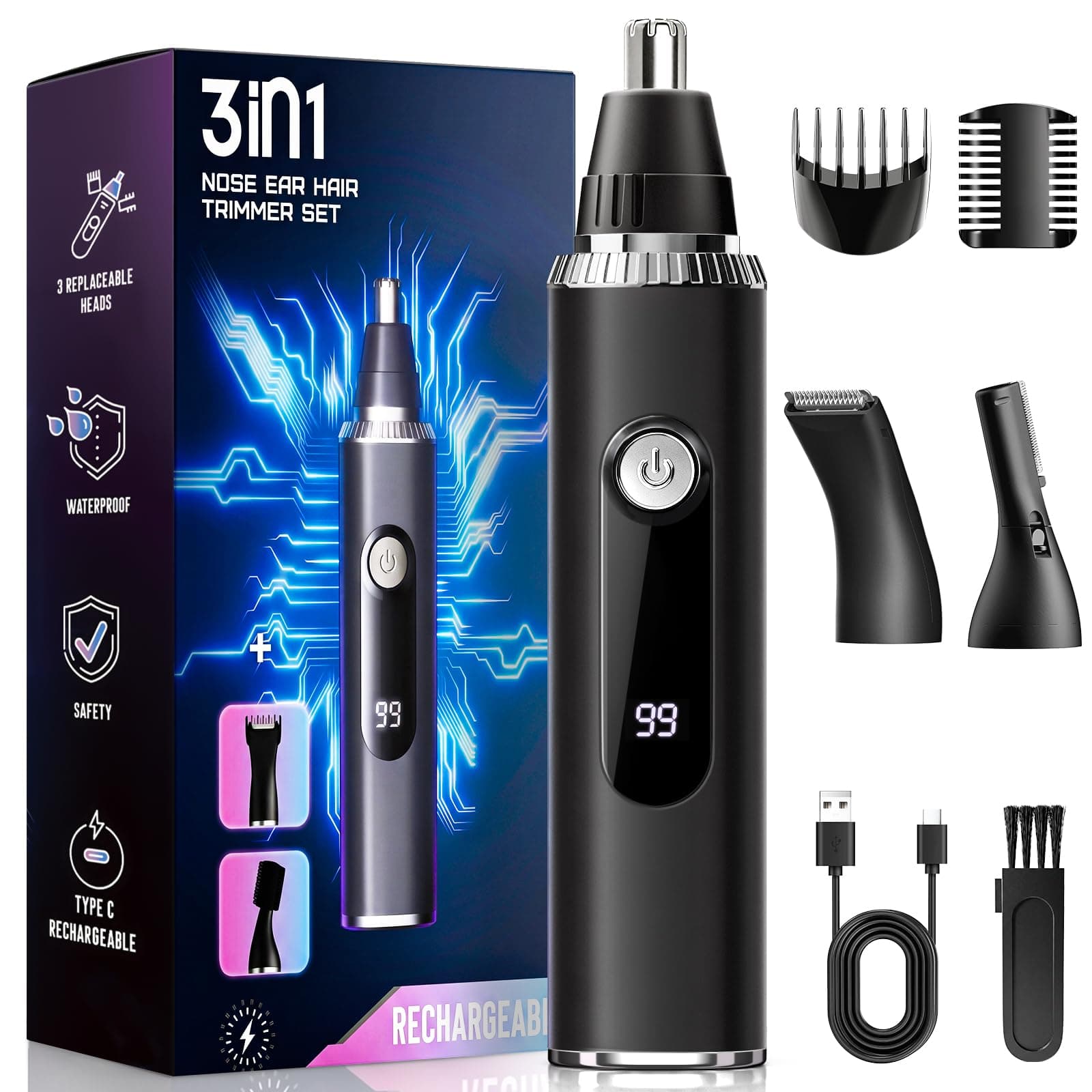 Nose Hair Trimmer for Men Women,3-in-1 Rechargeable Ear and Nose Trimmer with LED Display, Painless Eyebrow, Sideburn and Facial Hair Trimmer, USB-C, Waterproof, Dual-Edge Blades, gifts for men(Black)