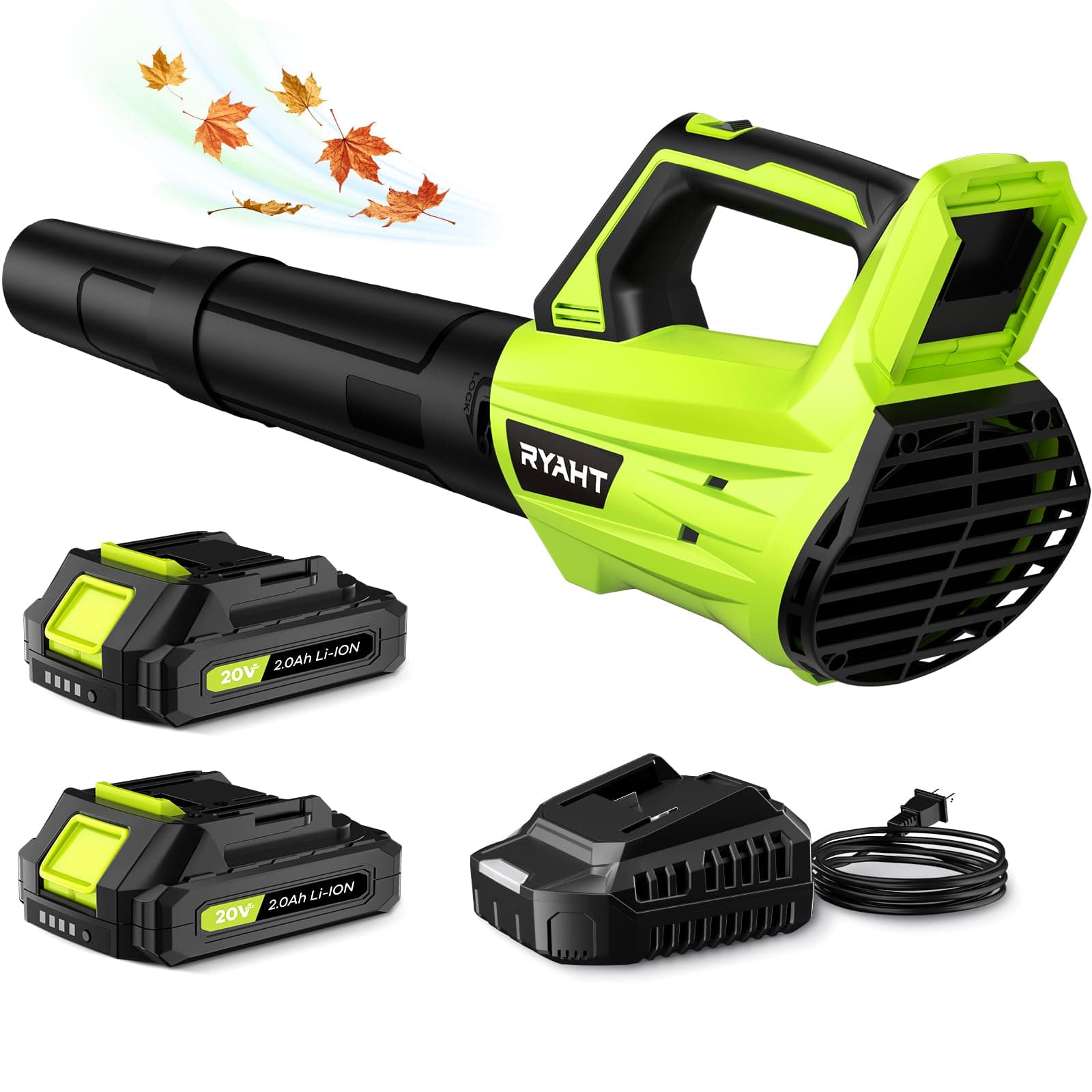 Leaf Blower Cordless, Leaf Blower with Battery and Charger - 2 Speed Modes, 2 Batteries, 20V Powerful Lightweight Electric Blowers for Blowing Leaves, Dust, Lawn Care, Patio Cleaning, Green