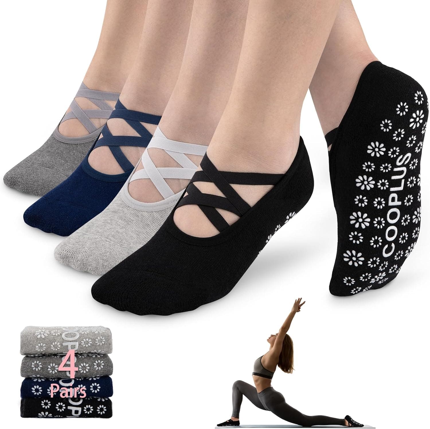 COOPLUS 4 Pairs Yoga Socks